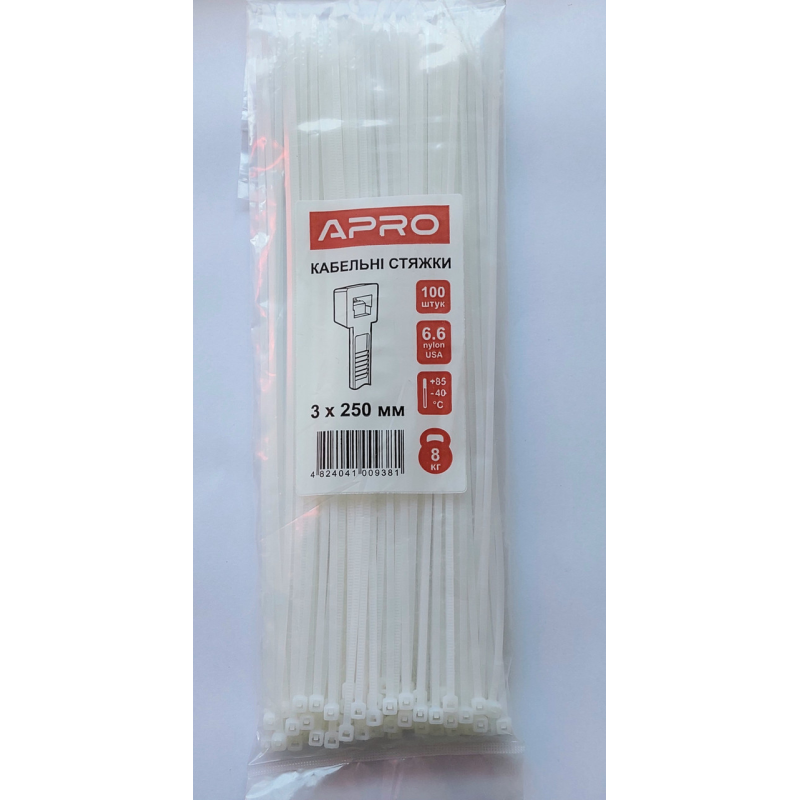 Стяжка нейлон 3х250 біла APRO уп. 100 шт.