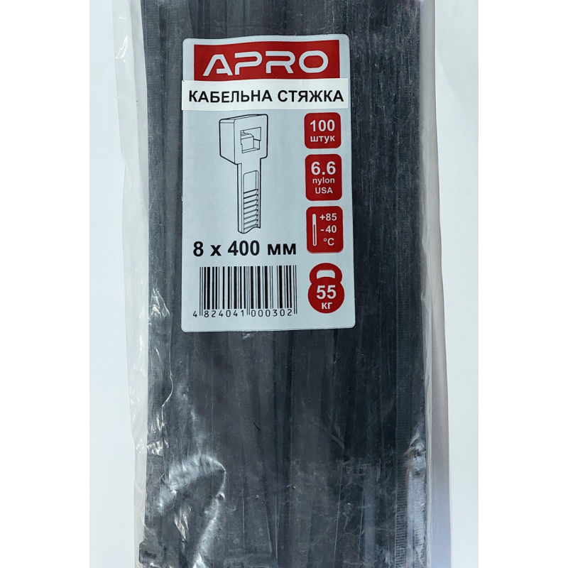 Стяжка нейлон 8х400 чорна APRO уп. 100 шт.