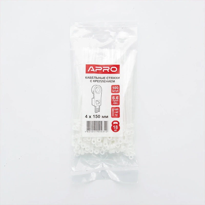 Стяжка нейлон з кільцем 4х150 біла APRO уп. 100 шт.